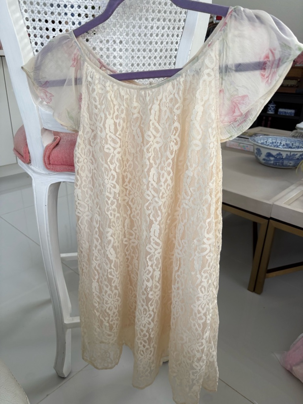 LoveShackFancy laced cream lined dress with sheer rose print cap sleeves —10yr